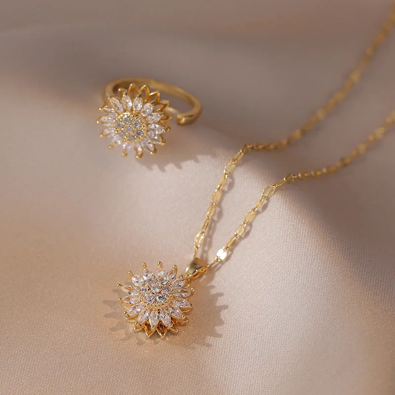 Wholesale New Arrival Diamond-encrusted Sunflower Ins Ring Rotatable Clavicle Chain Jewelry