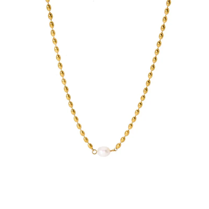 Wholesale Non-fading Natural Freshwater Pearl Oval Gold Bean Titanium Steel Necklaces