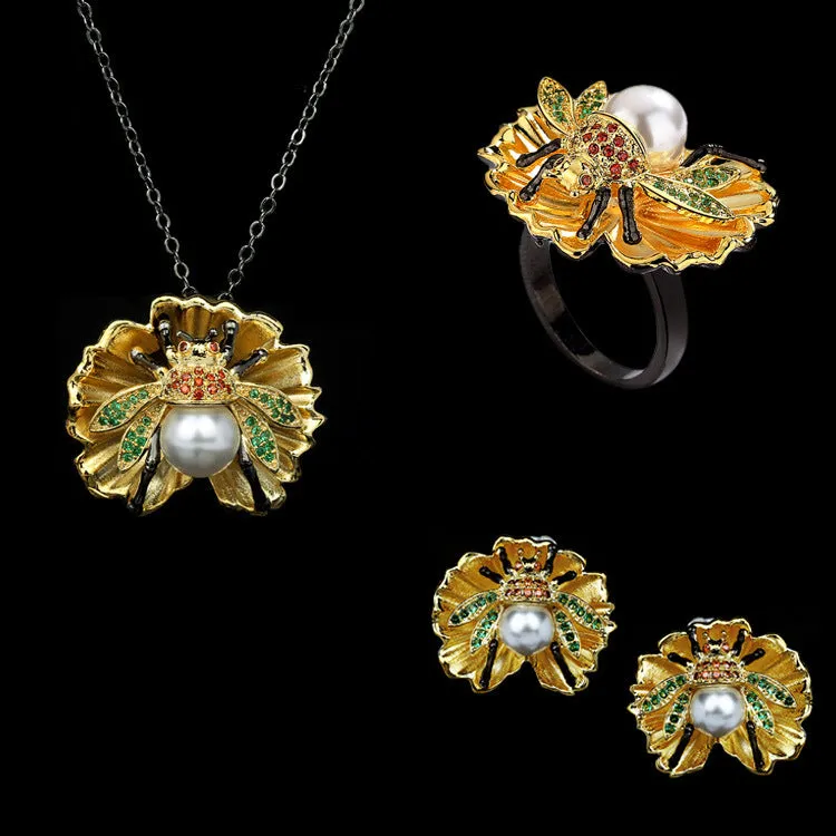 Wholesale Pearl 18K Gold Plated Clover Copper Ring Set light_wish_jewels