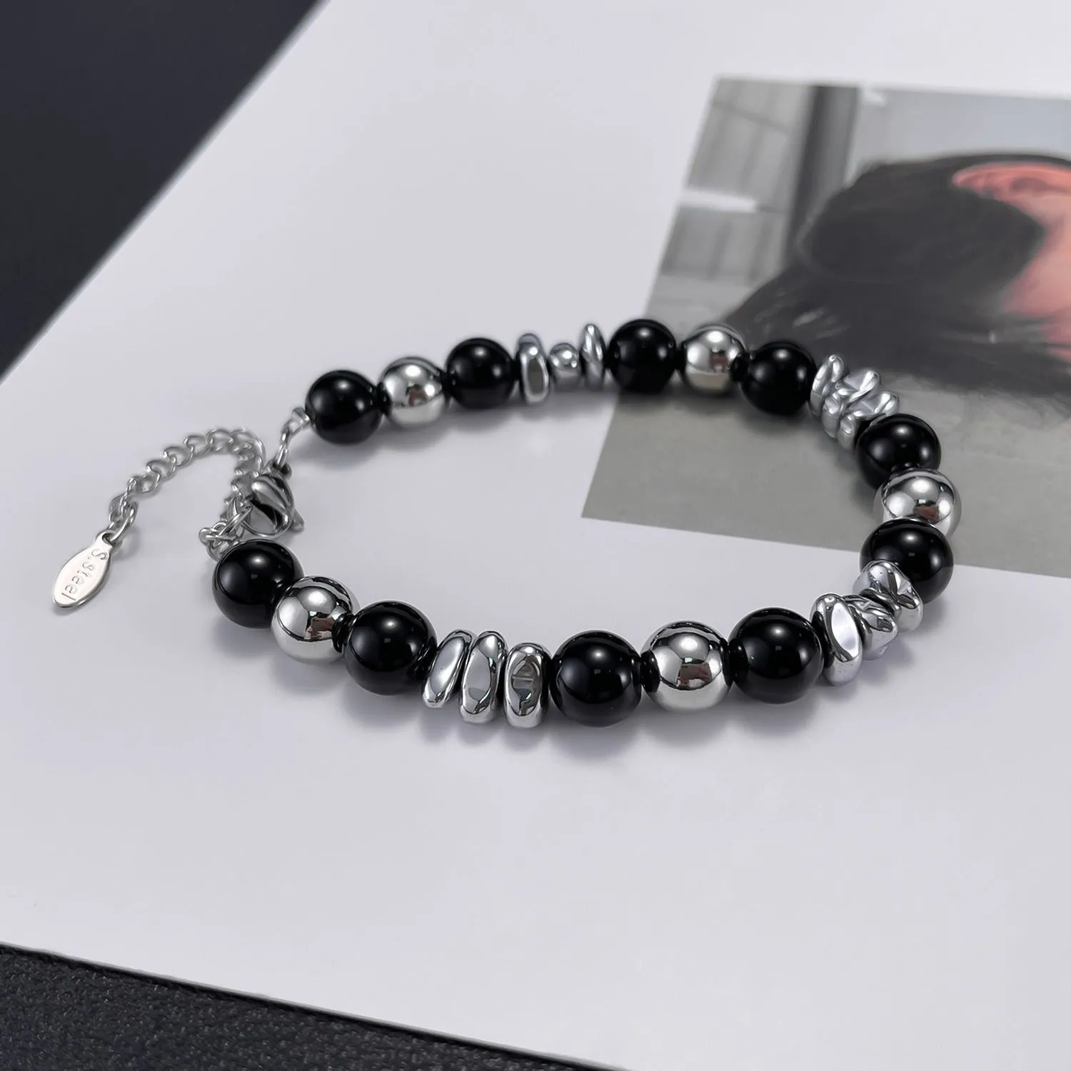 Wholesale Personality Fashion All-match Black Agate Stainless Steel Bracelet