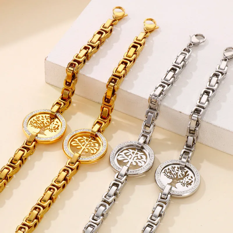 Wholesale Personalized Exaggerated Monolithic Chain Titanium Steel Full Diamond Hollow Tree of Life Christmas Bracelet light_wish_jewels