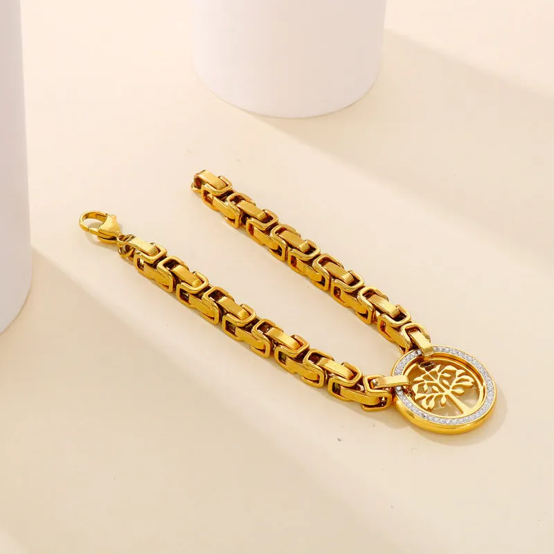 Wholesale Personalized Exaggerated Monolithic Chain Titanium Steel Full Diamond Hollow Tree of Life Christmas Bracelet