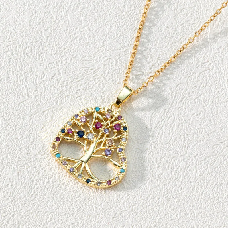 Wholesale Popular Round Hollow Tree of Life 18K Gold Plated Zircon Clavicle Chain