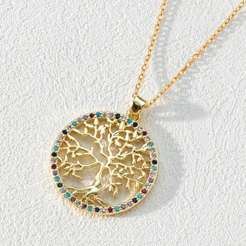 Wholesale Popular Round Hollow Tree of Life 18K Gold Plated Zircon Clavicle Chain
