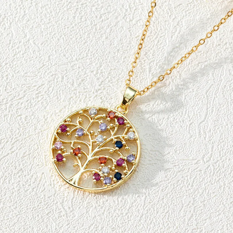 Wholesale Popular Round Hollow Tree of Life 18K Gold Plated Zircon Clavicle Chain light_wish_jewels
