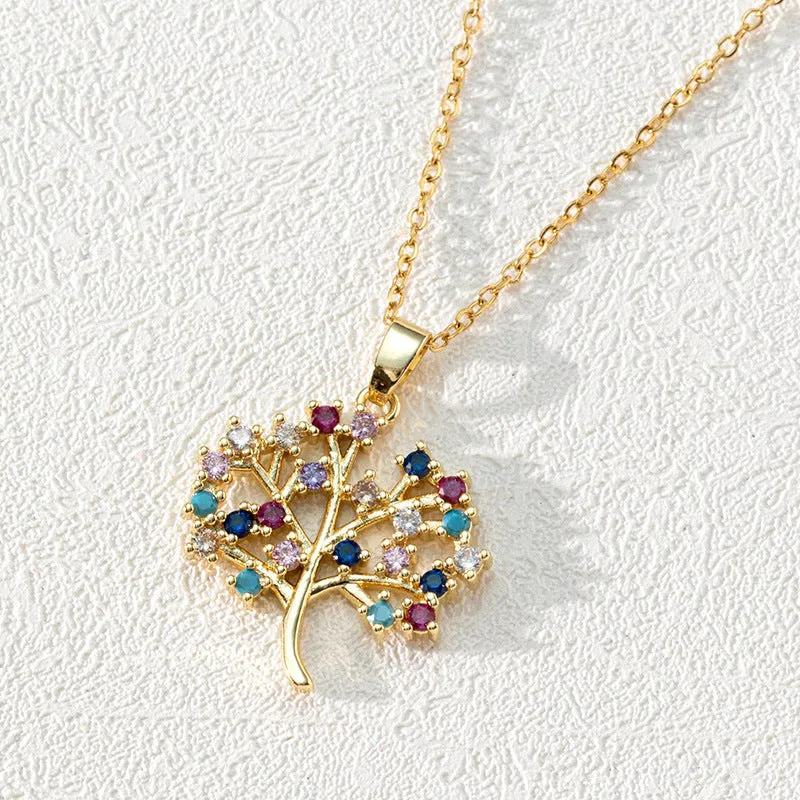 Wholesale Popular Round Hollow Tree of Life 18K Gold Plated Zircon Clavicle Chain