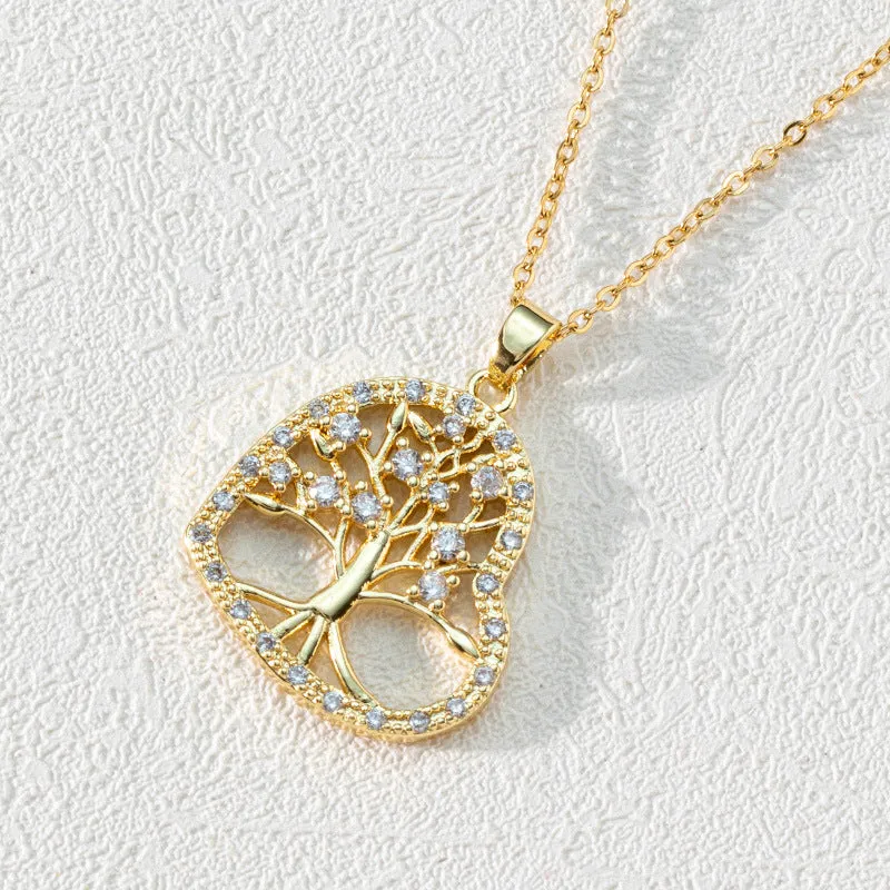 Wholesale Popular Round Hollow Tree of Life 18K Gold Plated Zircon Clavicle Chain