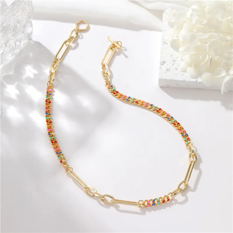 Wholesale Rainbow Cuban Chain Stitching Gold Plated Necklace Clavicle Chain