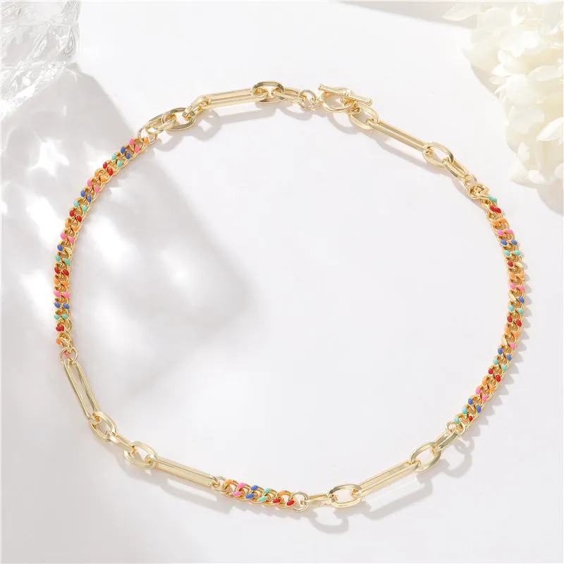 Wholesale Rainbow Cuban Chain Stitching Gold Plated Necklace Clavicle Chain