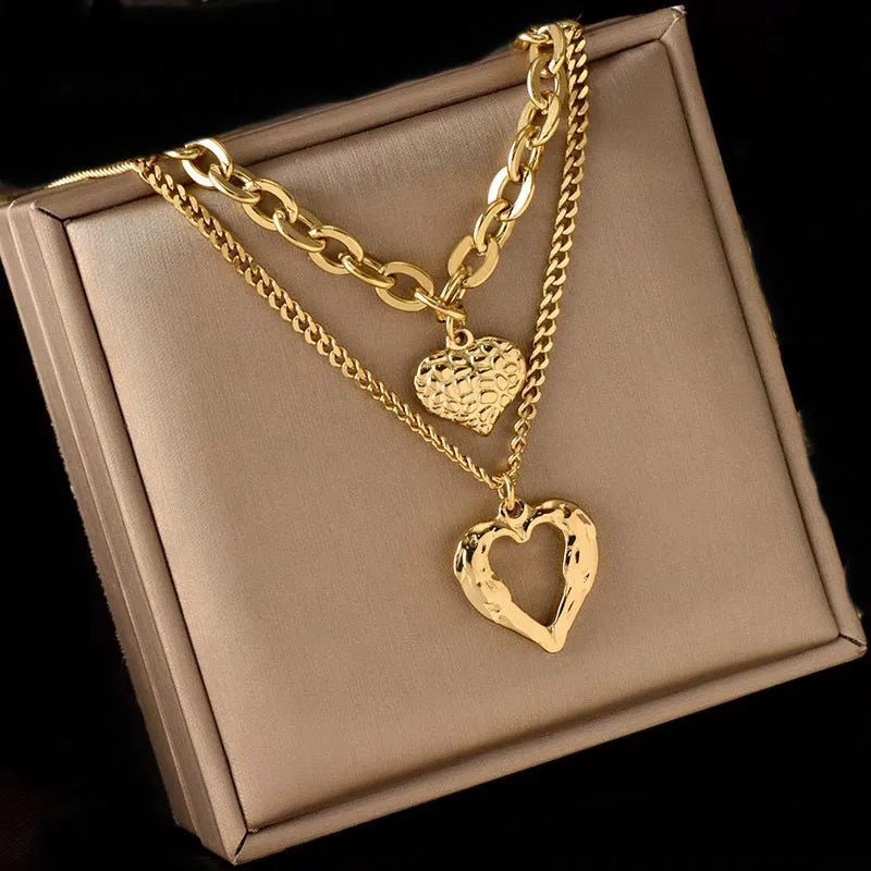 Wholesale retro simple multi-layer metal texture hollow heart pendant necklace light_wish_jewels