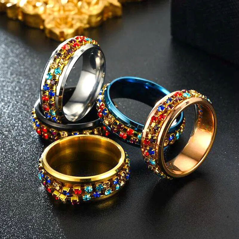 Wholesale Rotatable titanium steel ring Crystal diamond chain rotating couple ring female