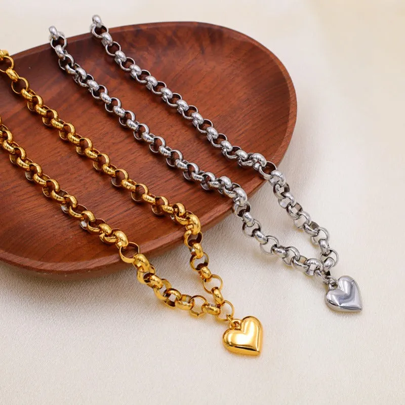 Wholesale Simple and Versatile Smooth Love Pendant Titanium Steel Necklace Set