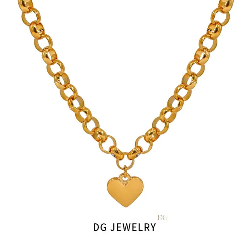 Wholesale Simple and Versatile Smooth Love Pendant Titanium Steel Necklace Set light_wish_jewels
