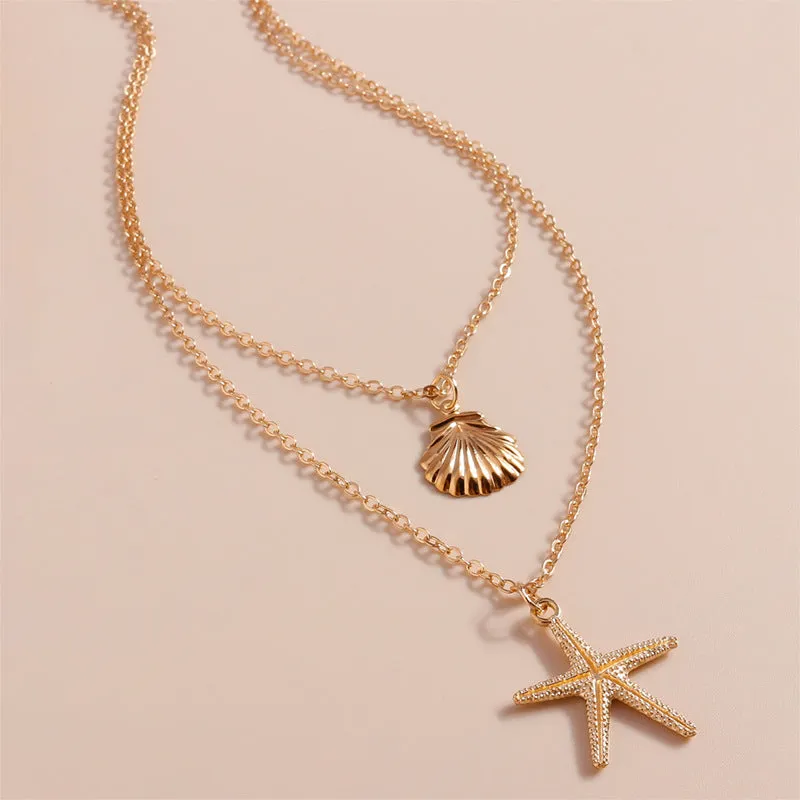 Wholesale Simple beach shell starfish five-pointed star double-layer necklace