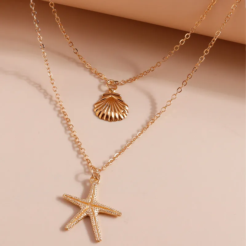Wholesale Simple beach shell starfish five-pointed star double-layer necklace