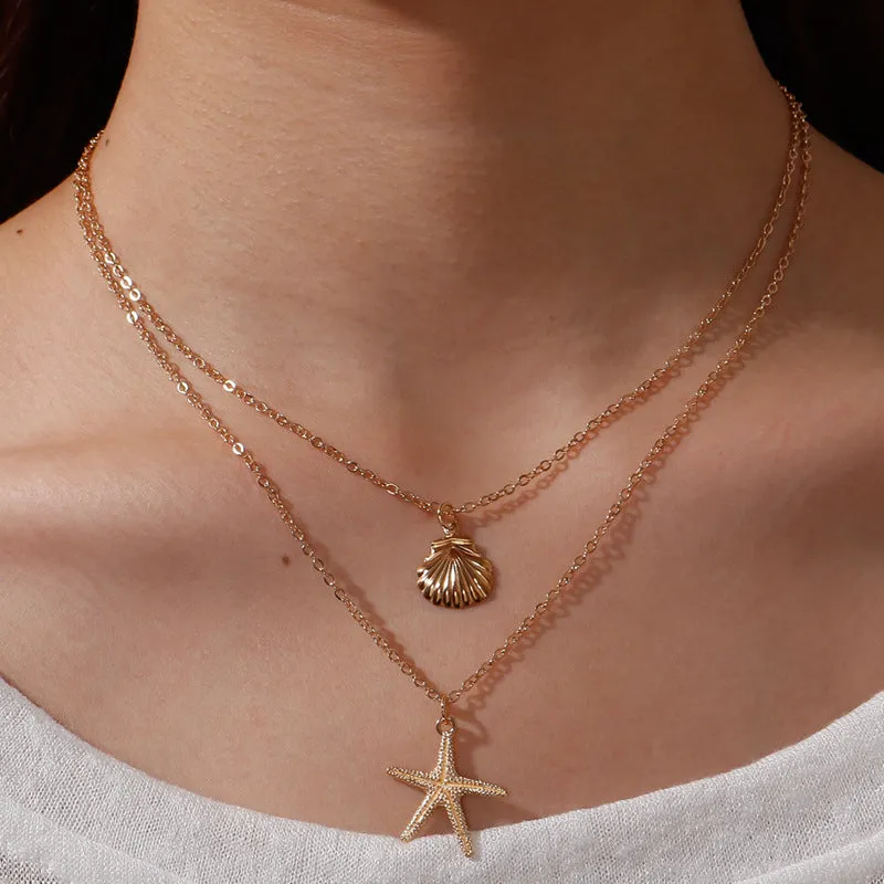 Wholesale Simple beach shell starfish five-pointed star double-layer necklace light_wish_jewels