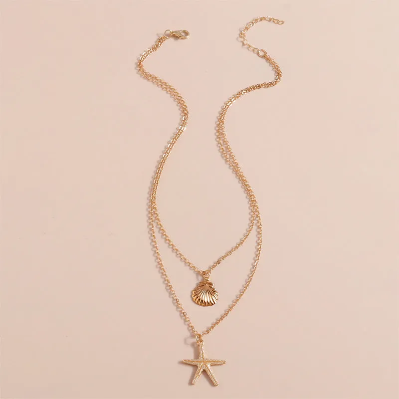 Wholesale Simple beach shell starfish five-pointed star double-layer necklace