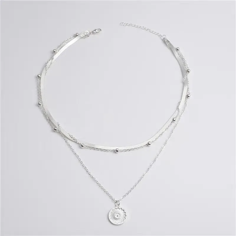 Wholesale Simple Multi-layer Lotus Pendant Gold Bead Disc Blade Chain Necklace Chain
