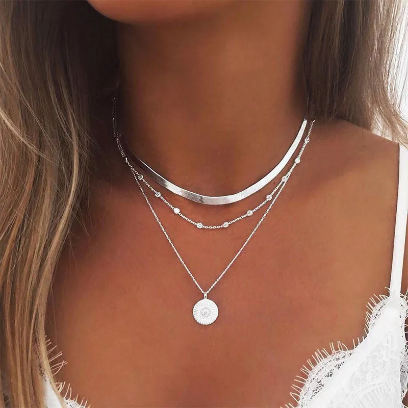 Wholesale Simple Multi-layer Lotus Pendant Gold Bead Disc Blade Chain Necklace Chain light_wish_jewels