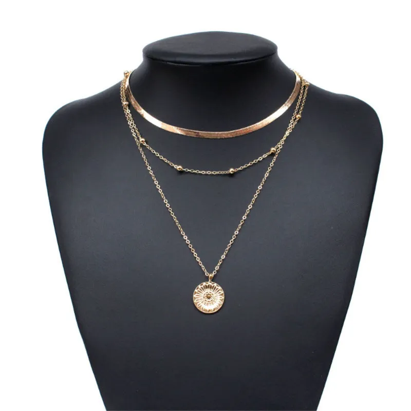 Wholesale Simple Multi-layer Lotus Pendant Gold Bead Disc Blade Chain Necklace Chain