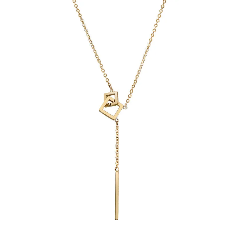 Wholesale Simple Temperament Square Geometric Tassel Titanium Steel Necklace