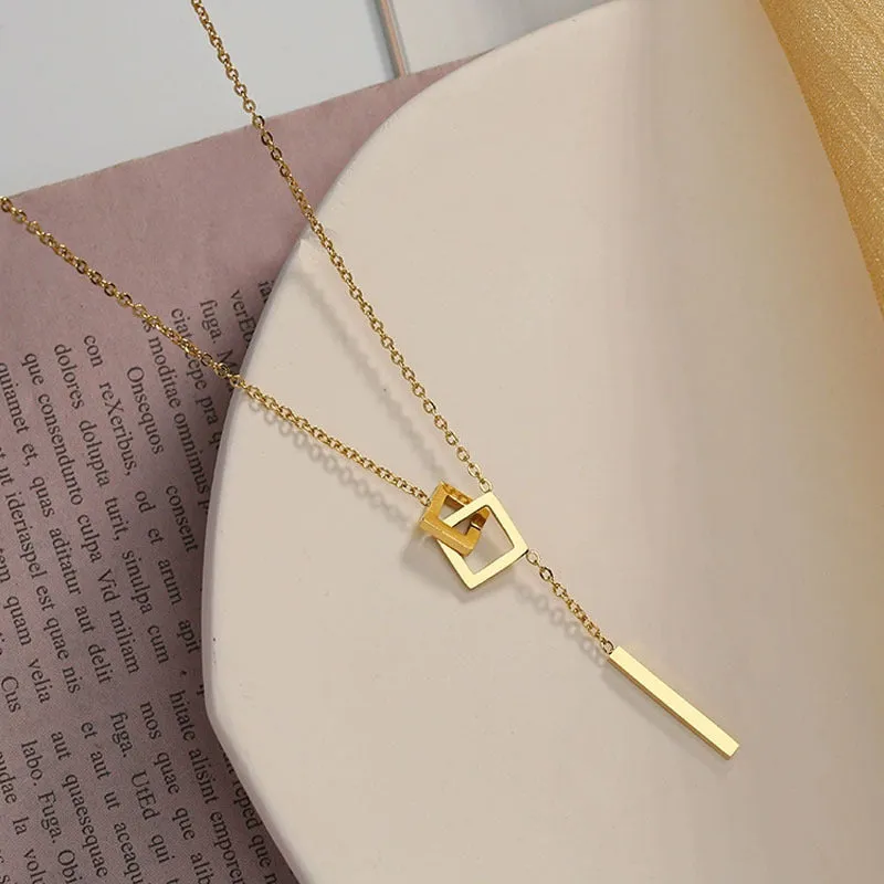 Wholesale Simple Temperament Square Geometric Tassel Titanium Steel Necklace light_wish_jewels
