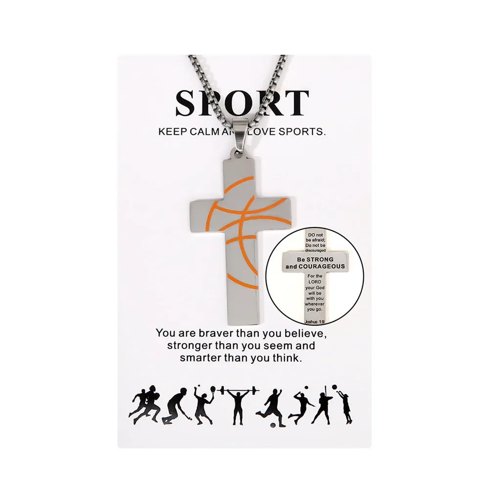Wholesale Sports Style Basketball Rugby Football Stainless Steel Cross Pendant Necklace