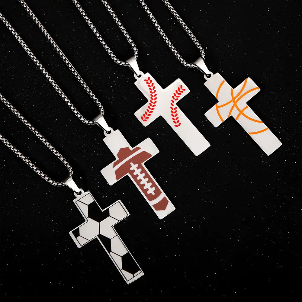 Wholesale Sports Style Basketball Rugby Football Stainless Steel Cross Pendant Necklace light_wish_jewels