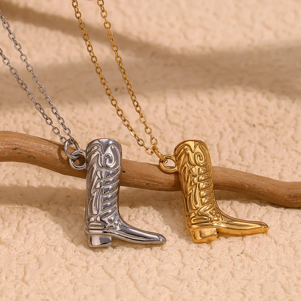 Wholesale Stainless Steel Gold Plated Western Cowboy Boot Pendant Necklace light_wish_jewels