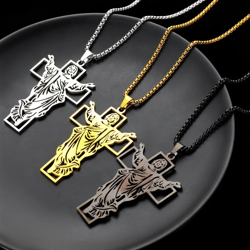 Wholesale Stainless Steel Hollow Men's Vintage Titanium Steel Cross Pendant Necklace light_wish_jewels