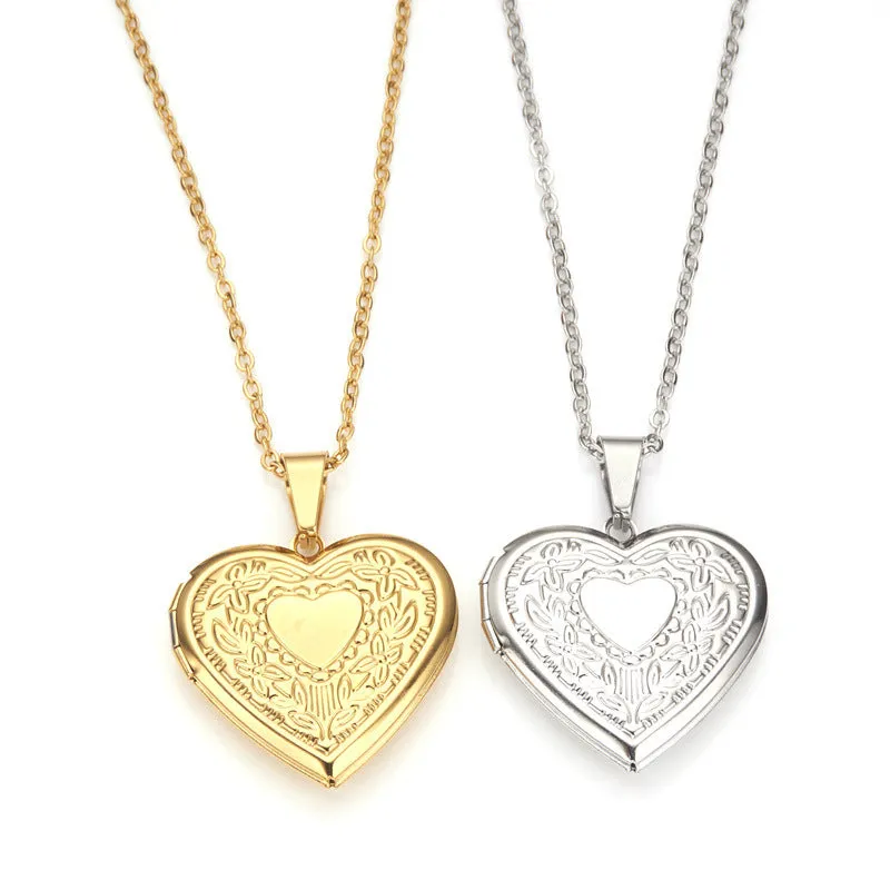 Wholesale Stainless Steel Necklace Gold Heart Pattern Frame Box Pendant O-Chain