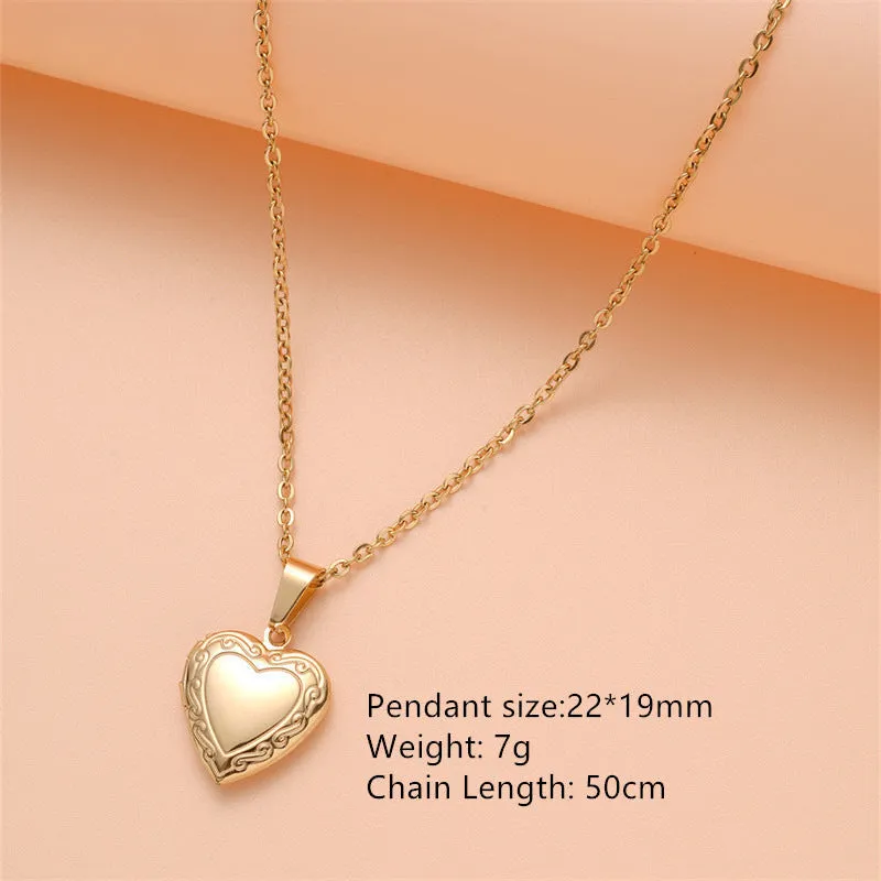Wholesale Stainless Steel Necklace Gold Heart Pattern Frame Box Pendant O-Chain