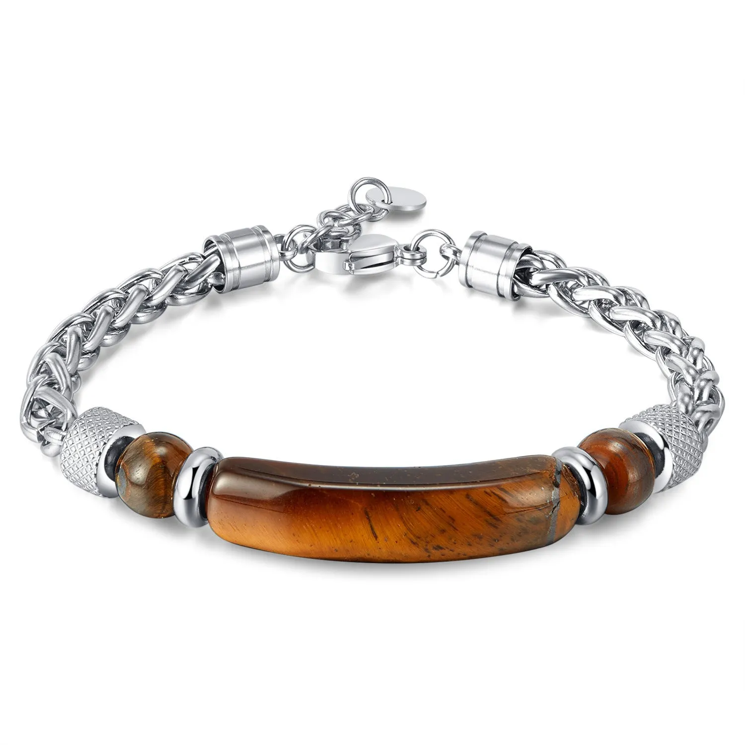Wholesale Stainless steel titanium steel tiger eye stone fashion retro chain splicing men's bracelet light_wish_jewels