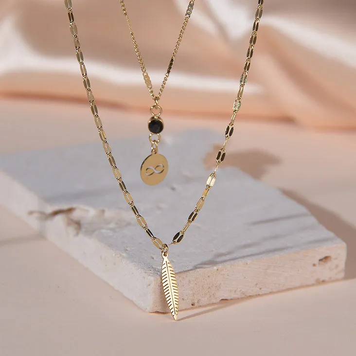 Wholesale Stainless Steel Wireless Symbol Feather Black Diamond Dual -layer Necklace
