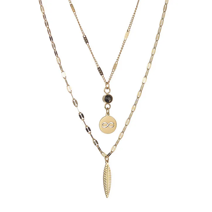 Wholesale Stainless Steel Wireless Symbol Feather Black Diamond Dual -layer Necklace
