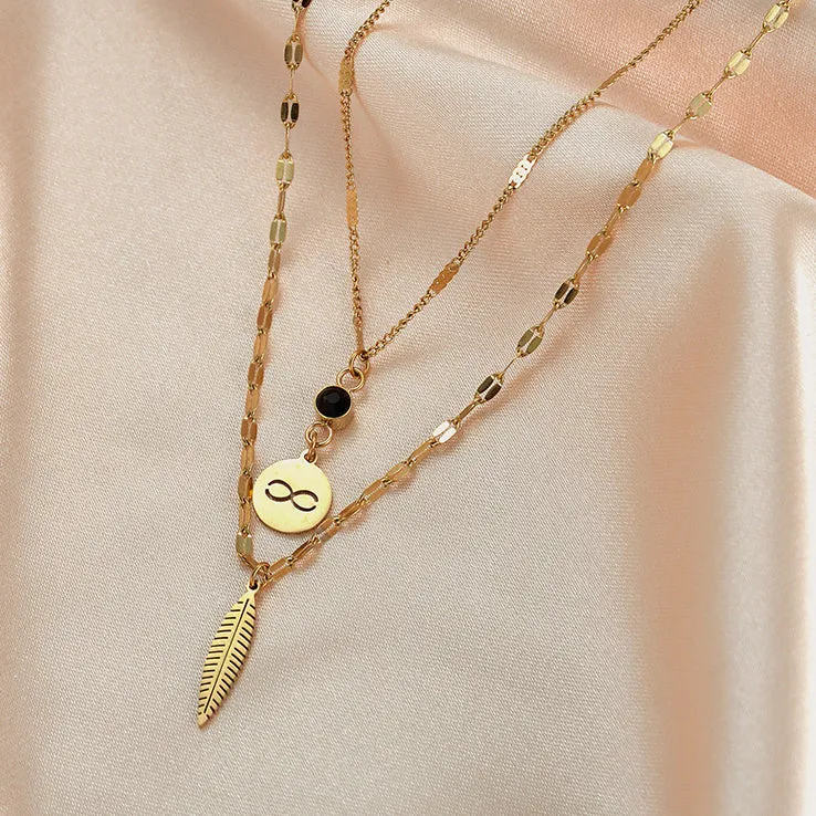 Wholesale Stainless Steel Wireless Symbol Feather Black Diamond Dual -layer Necklace