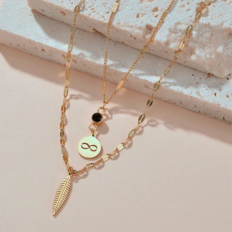 Wholesale Stainless Steel Wireless Symbol Feather Black Diamond Dual -layer Necklace