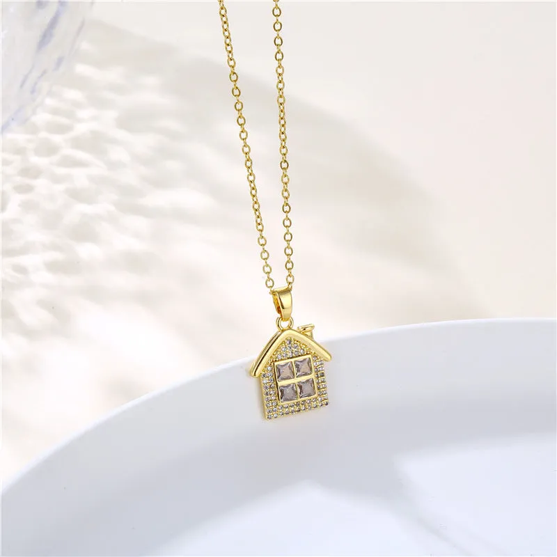 Wholesale Stainless Steel Zircon House Shape Cross Chain Creative Necklace