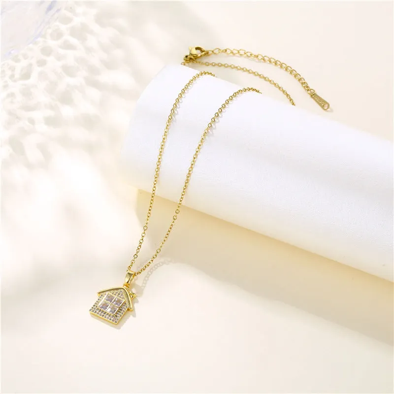 Wholesale Stainless Steel Zircon House Shape Cross Chain Creative Necklace