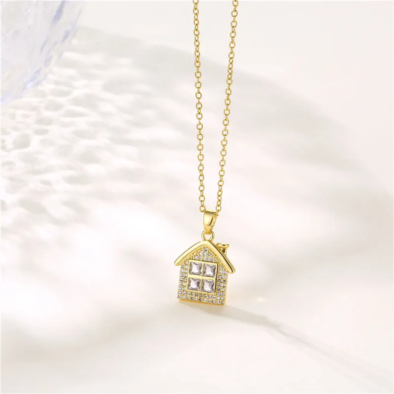 Wholesale Stainless Steel Zircon House Shape Cross Chain Creative Necklace