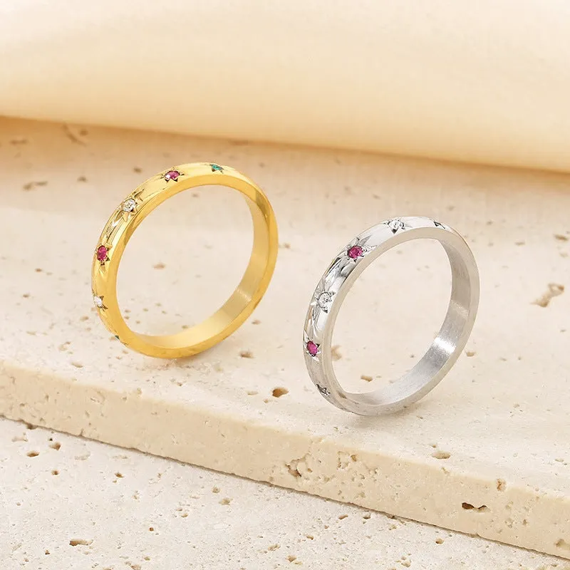 Wholesale Sweet Personality Single Row Diamond Fashion Temperament Colorful Eight-pointed Star Stainless Steel Rings