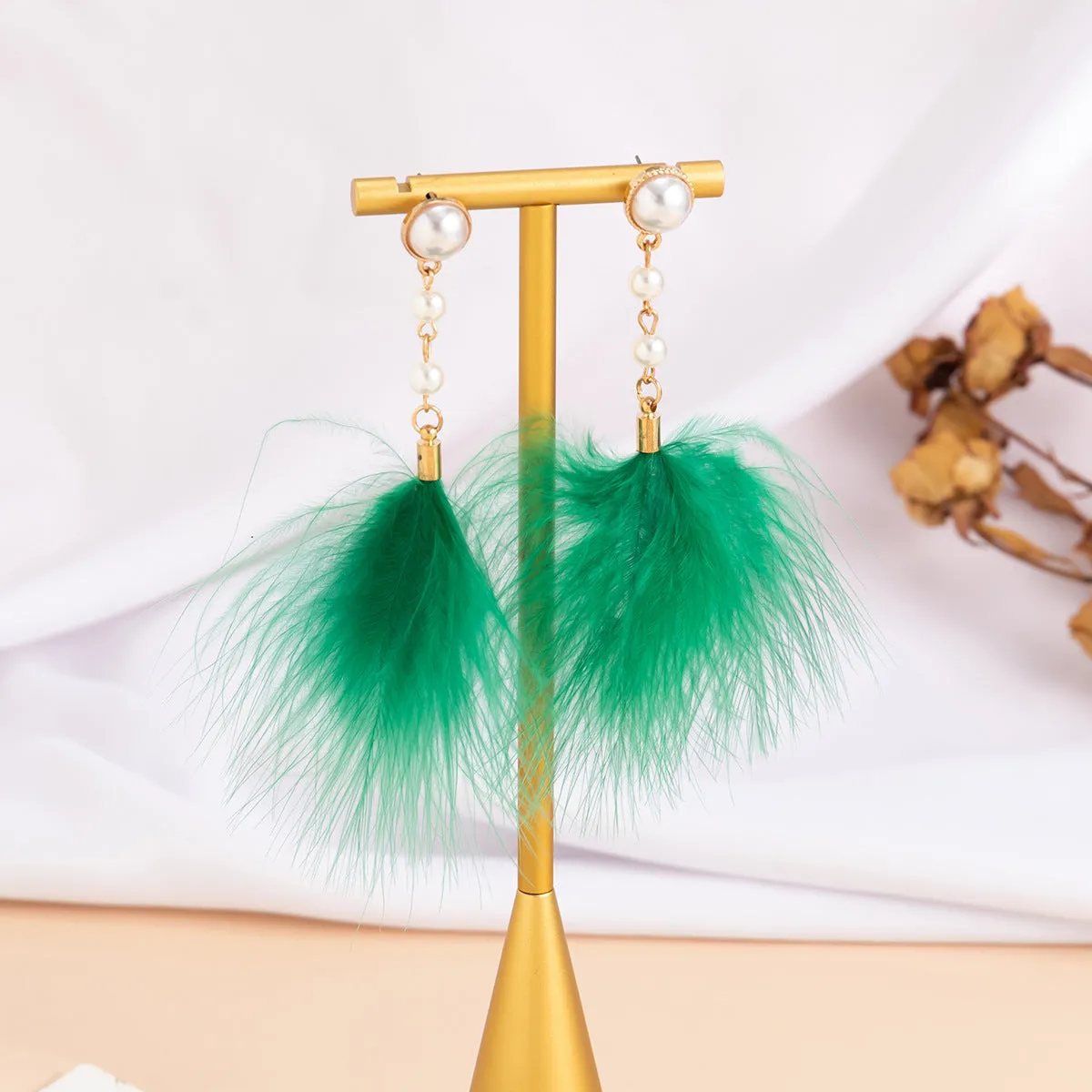 Wholesale Temperament Feather Tassel Imitation Pearl Earrings