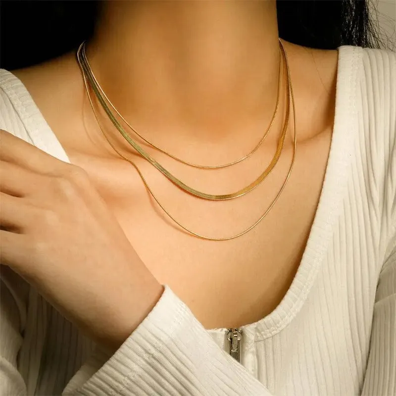 Wholesale Temperament Three-layer Blade Snake Bone Chain Minimalist All-match Gold-plated Stainless Steel Necklaces light_wish_jewels