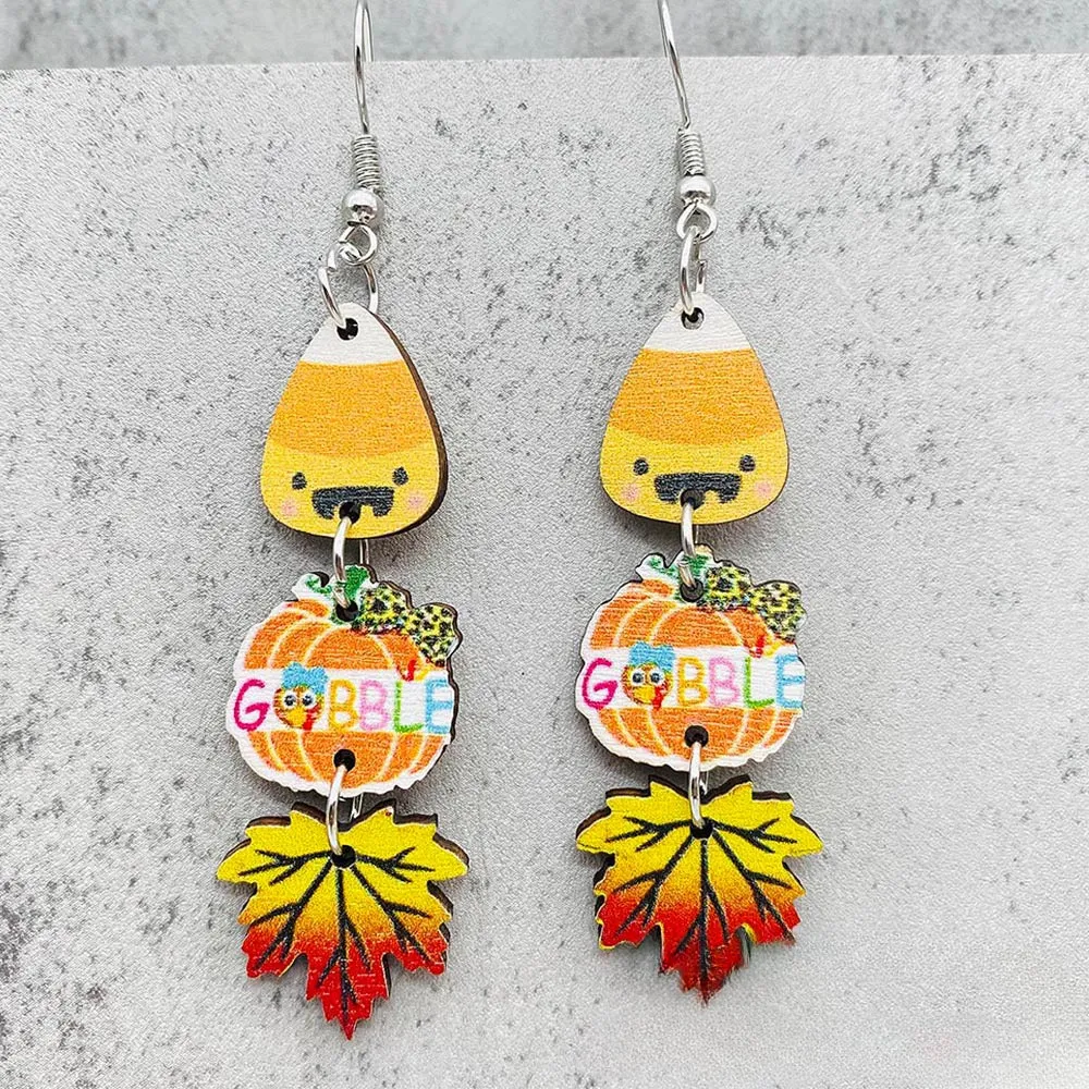 Wholesale Thanksgiving Pumpkin Maple Leaf Coffee Cup Wooden Earrings Halloween Earrings