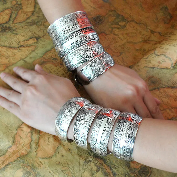 Wholesale Tibetan silver ornaments carved open Miao silver elephant ethnic style wide bracelet retro bracelet light_wish_jewels