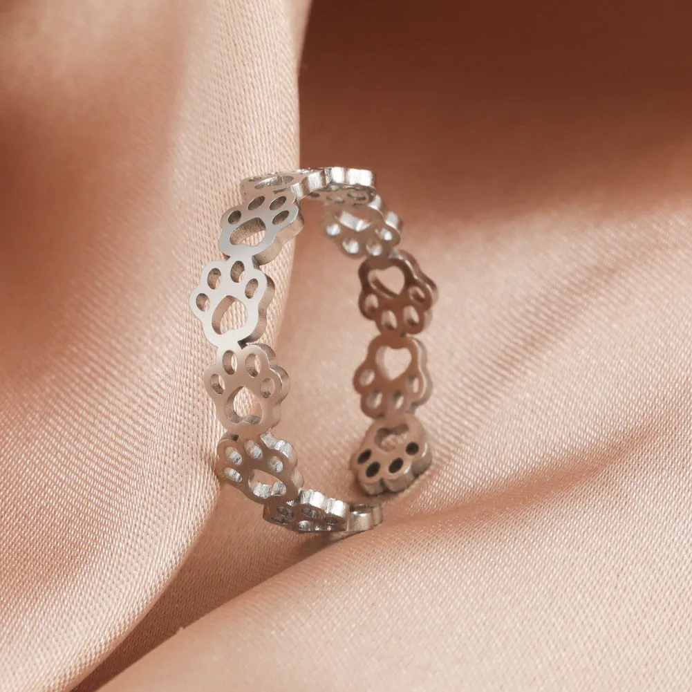 Wholesale Titanium steel color hollow continuous cat footprint opening adjustable couple ring stainless steel opening ring light_wish_jewels