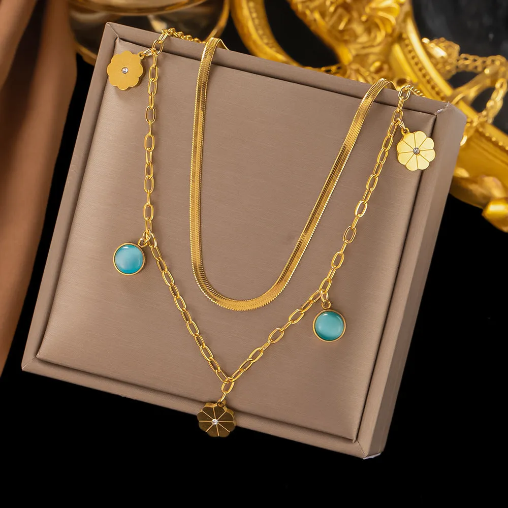 Wholesale Titanium Steel Double Layer Turquoise Pendant Necklace