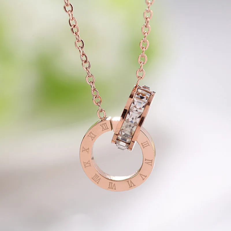 Wholesale Titanium Steel Geometry Roman Numerals and Diamond Necklace light_wish_jewels
