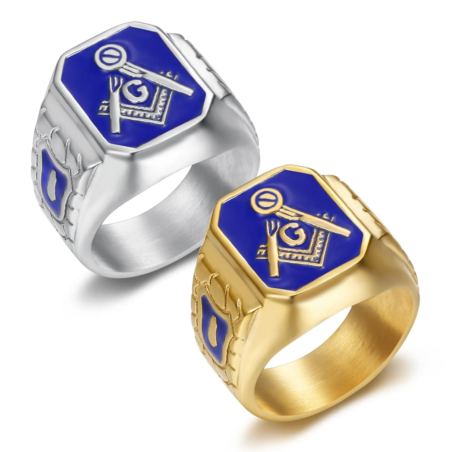 Wholesale Titanium steel gold plated blue glue Masonic hip hop style Ring light_wish_jewels