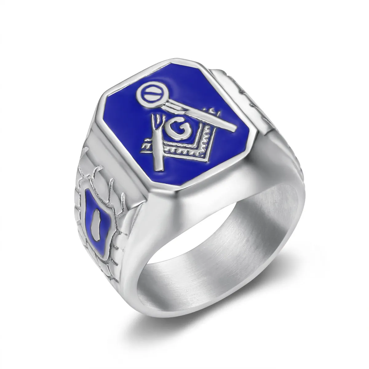 Wholesale Titanium steel gold plated blue glue Masonic hip hop style Ring